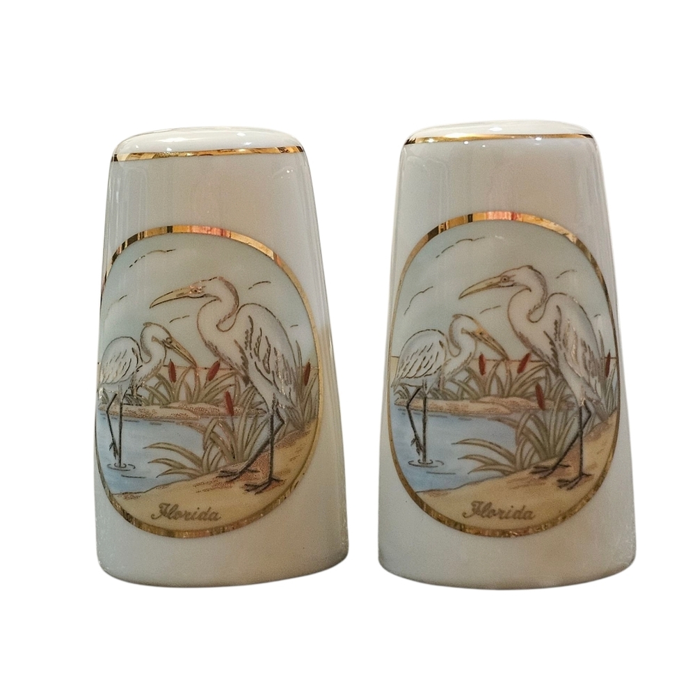 Lefton Cream and Gold Heron Salt and Pepper Shakers